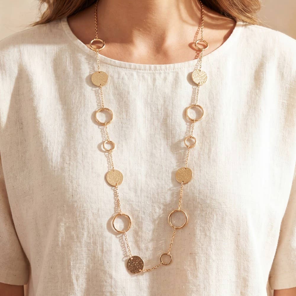 Long Hammered Disc & Open Circle Station Necklace