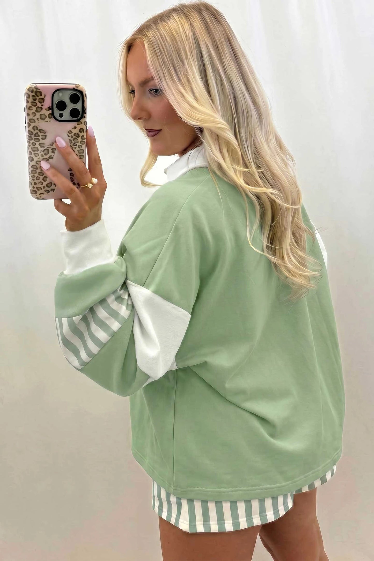 Smoke Green Striped Color Block Pullover Top Drawstring Shorts Set