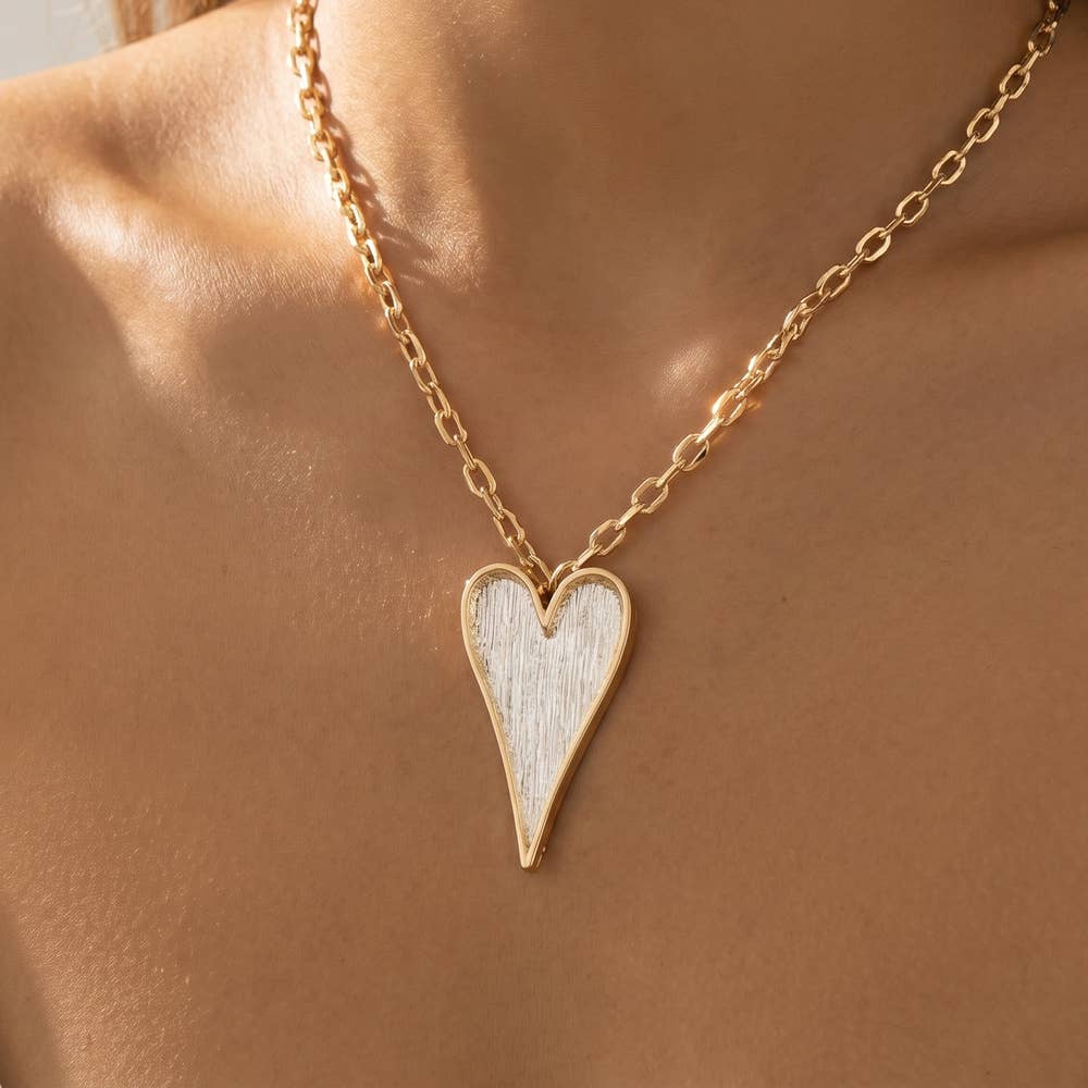 Brushed Two Tone Heart Pendant Necklace