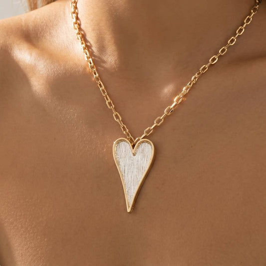 Brushed Two Tone Heart Pendant Necklace