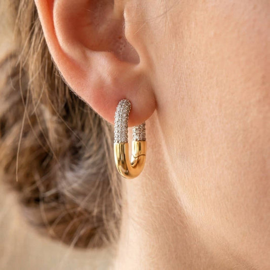 Two-Tone Pave Oval Huggie Earrings