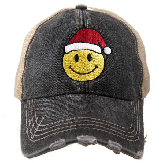 Santa Happy Face Christmas Distressed Trucker Hat