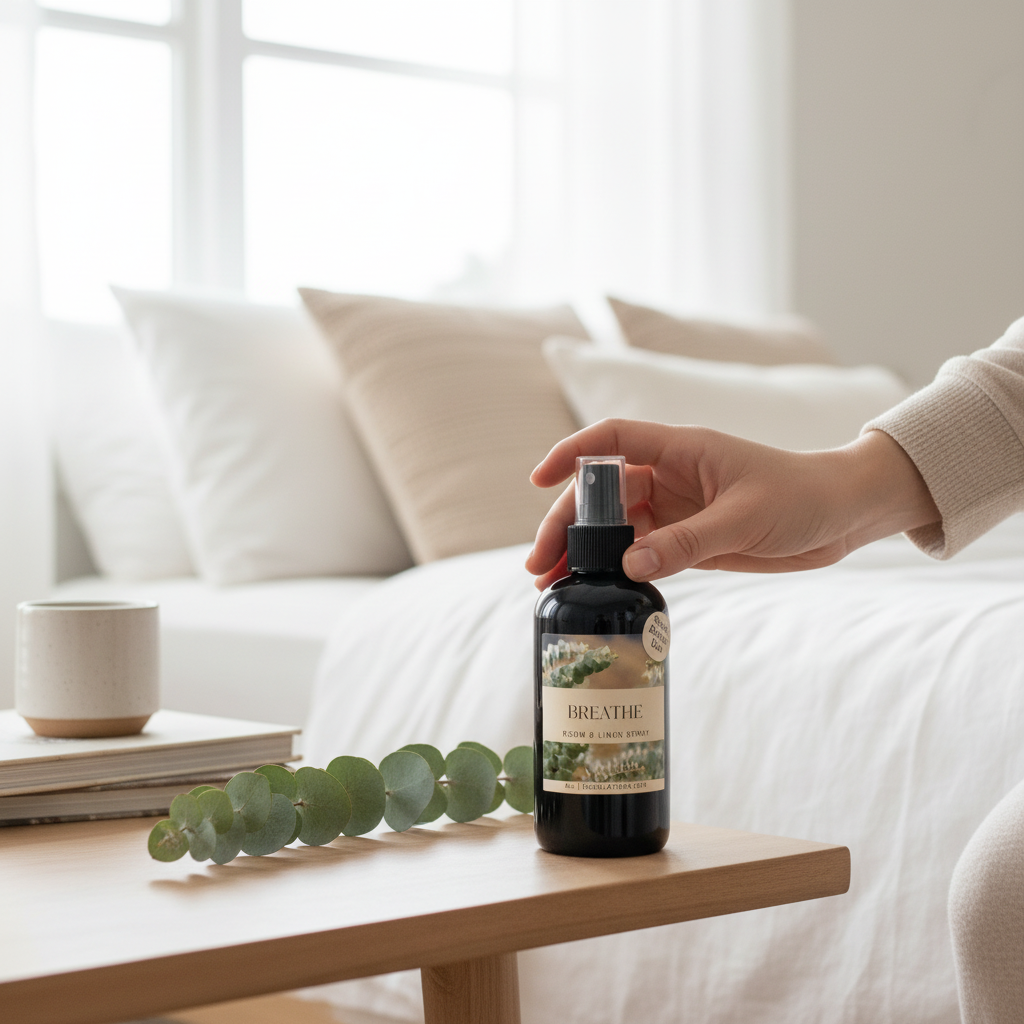 Doodlations Coffee Bar & Boutique Breathe room and linen spray bottle on a wooden table in a bright, airy bedroom.