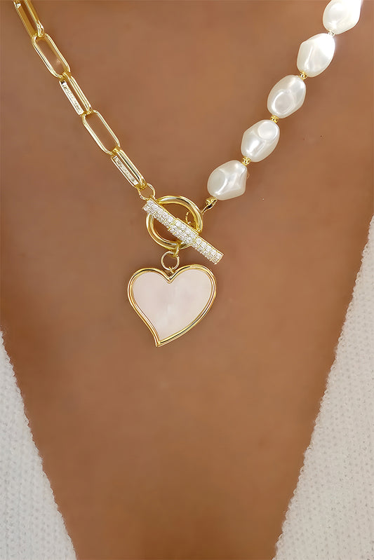 Gold Heart Pendant Pearl Chain Necklace