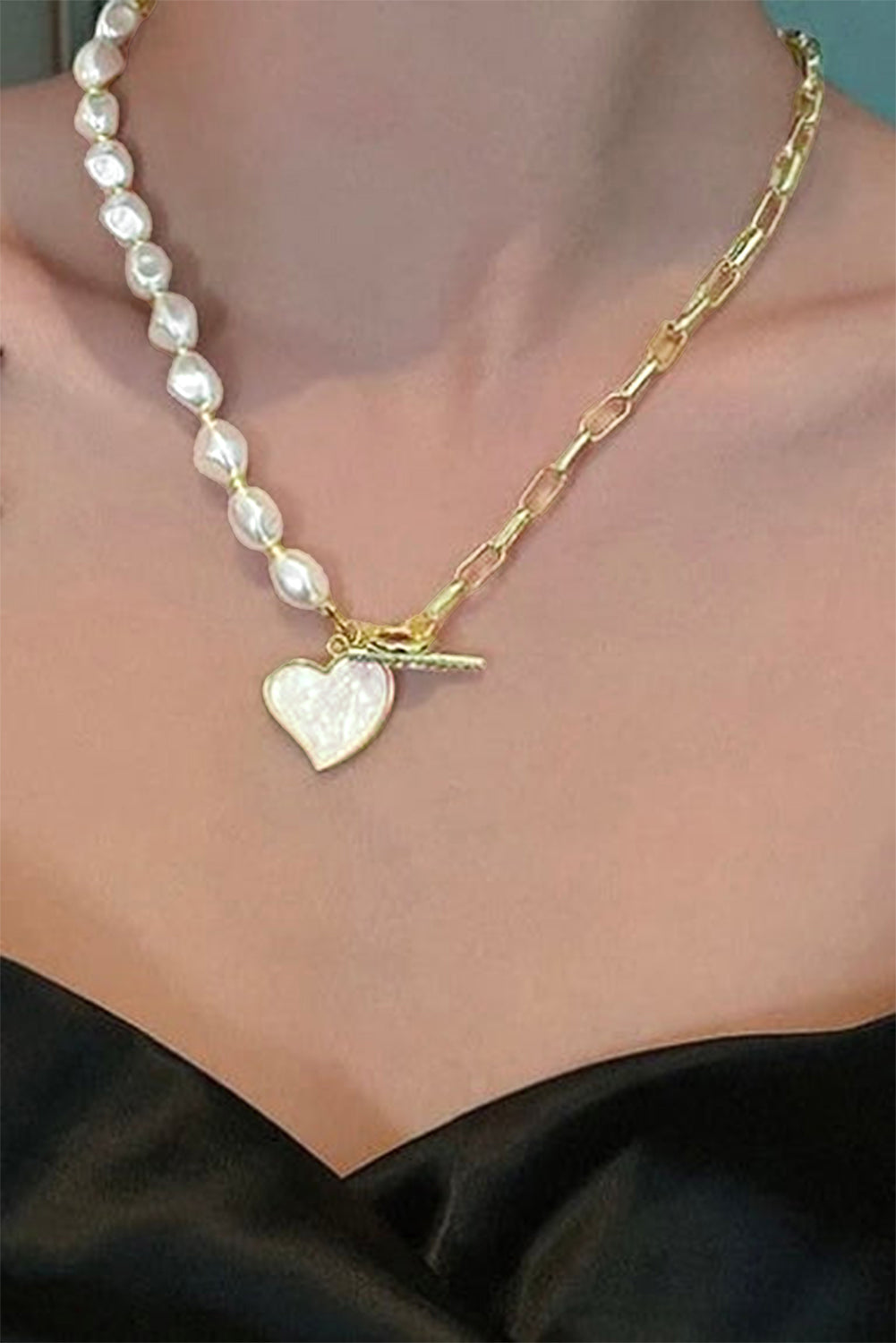 Gold Heart Pendant Pearl Chain Necklace