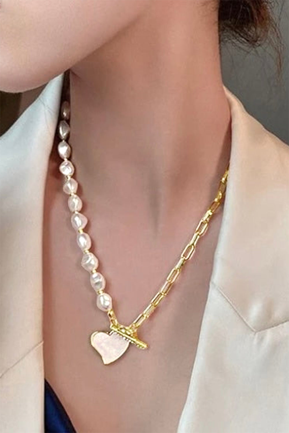 Gold Heart Pendant Pearl Chain Necklace