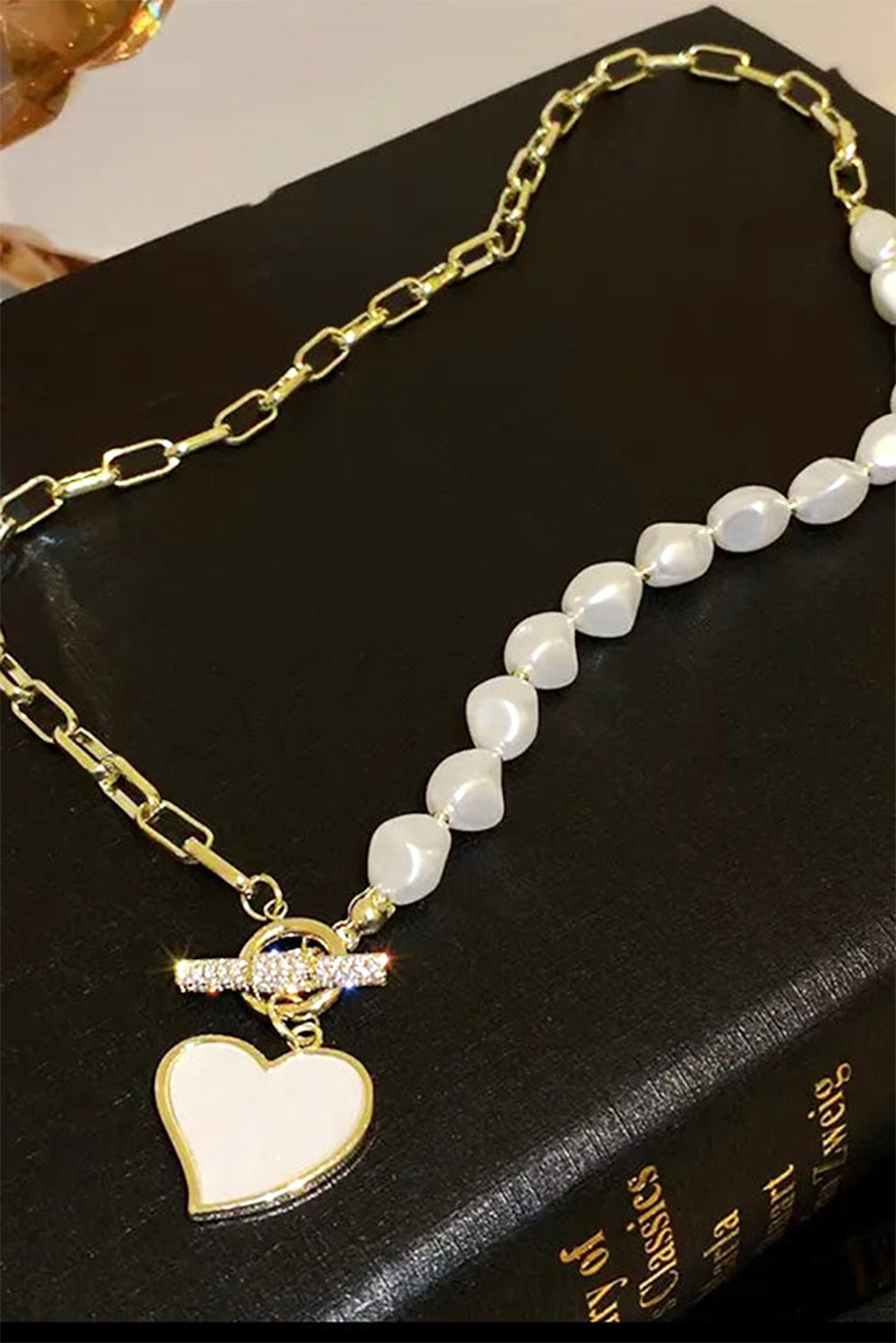 Gold Heart Pendant Pearl Chain Necklace