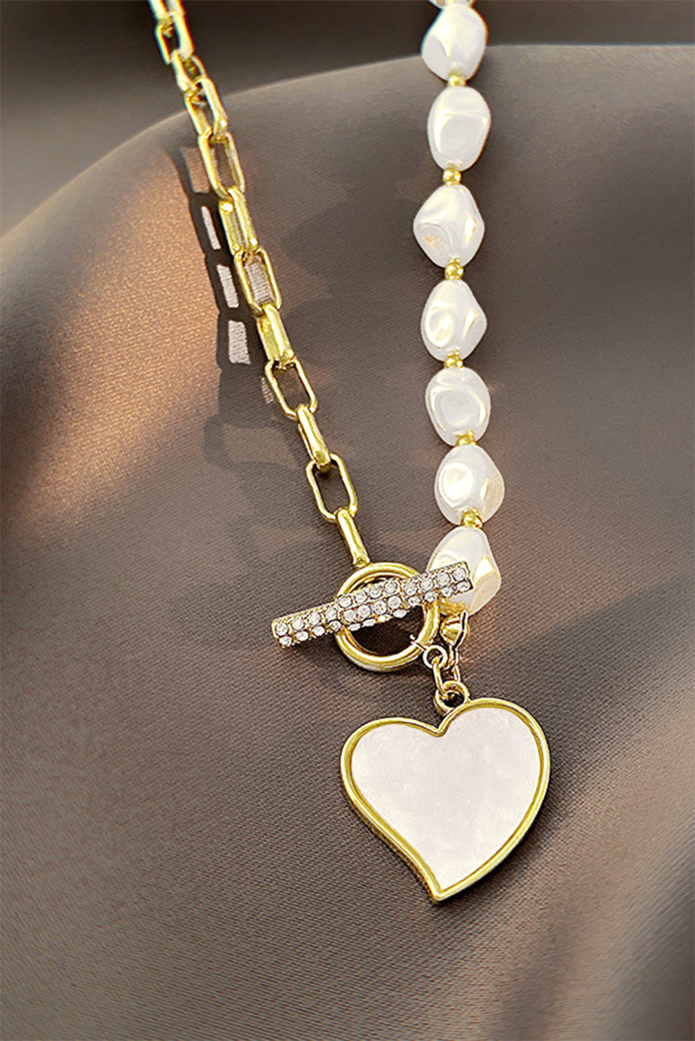 Gold Heart Pendant Pearl Chain Necklace