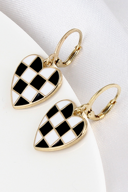 Black Checkered Heart Dangle Earrings