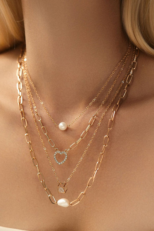 Gold 4pcs Pearl Cube Heart Pendant Chain Necklace Set