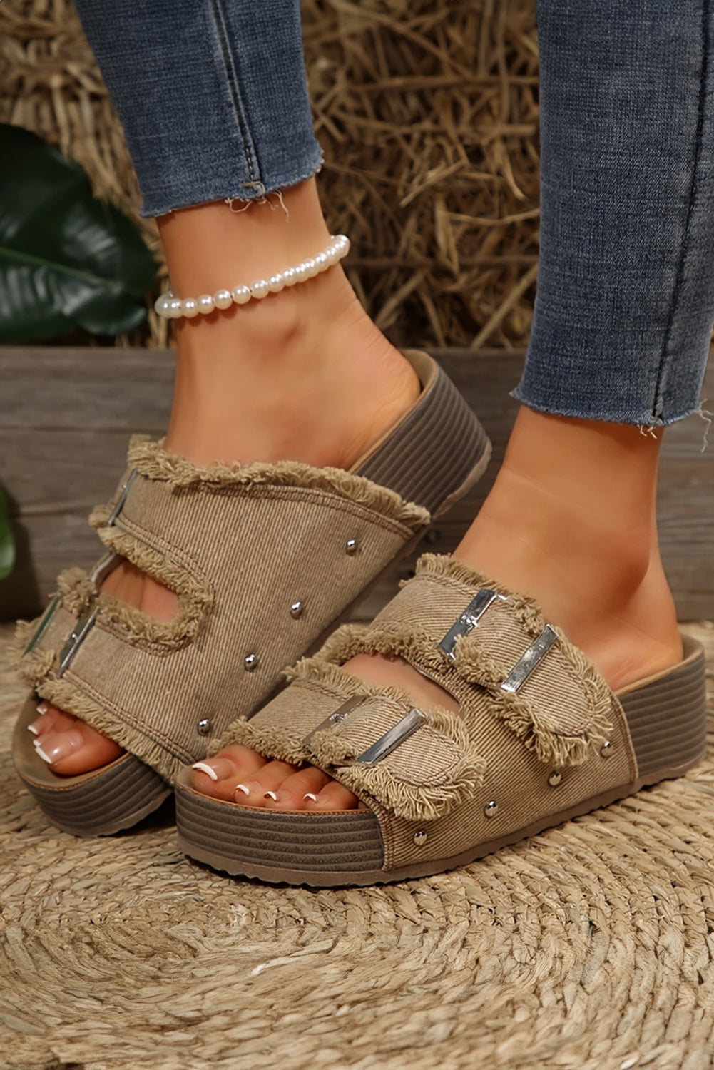 Khaki Double Buckle Retro Slides