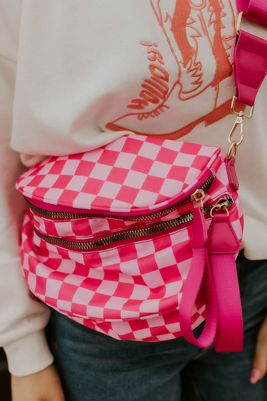 Pink Checkered Print Large Crossbody Bag