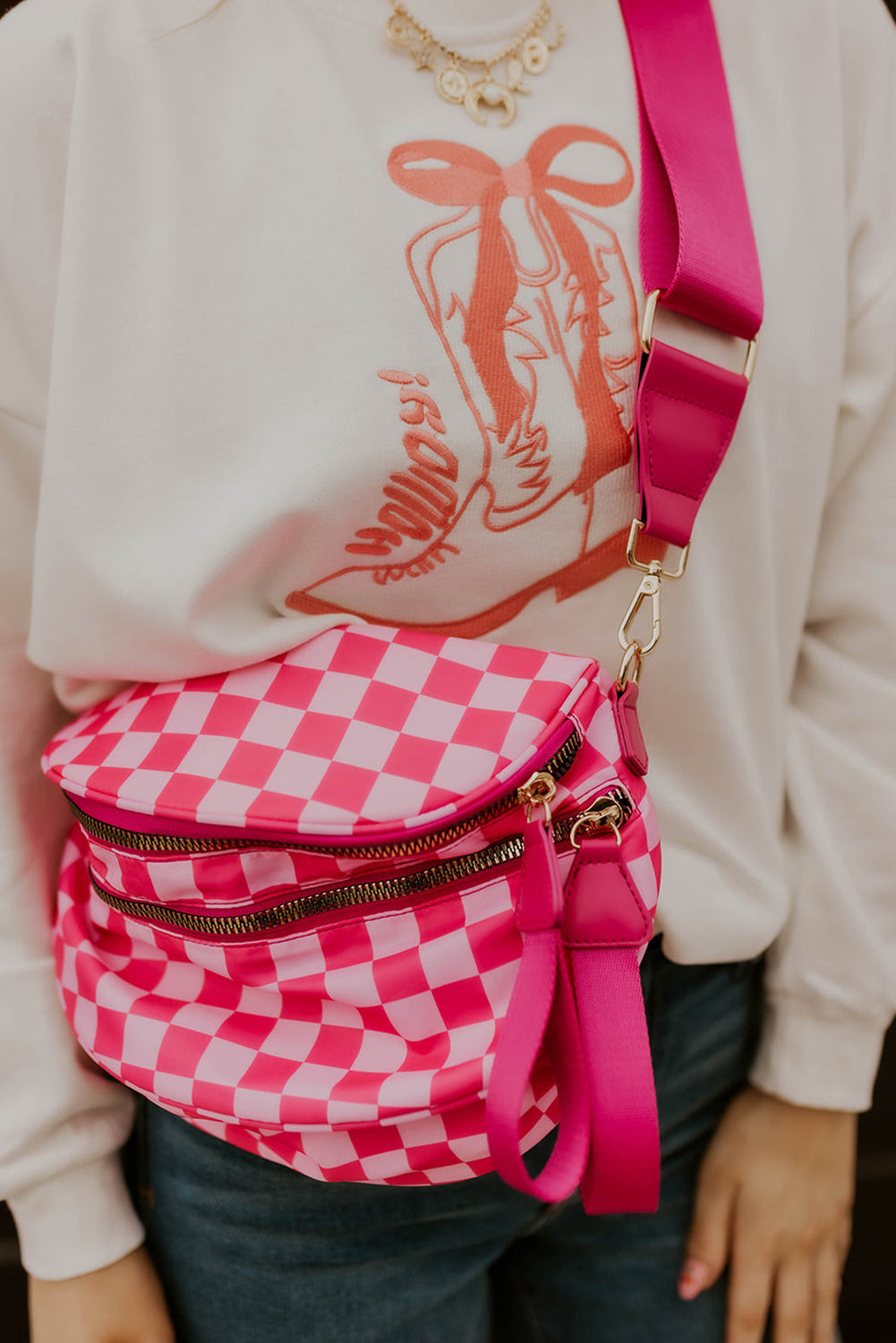 Pink Checkered Print Large Crossbody Bag