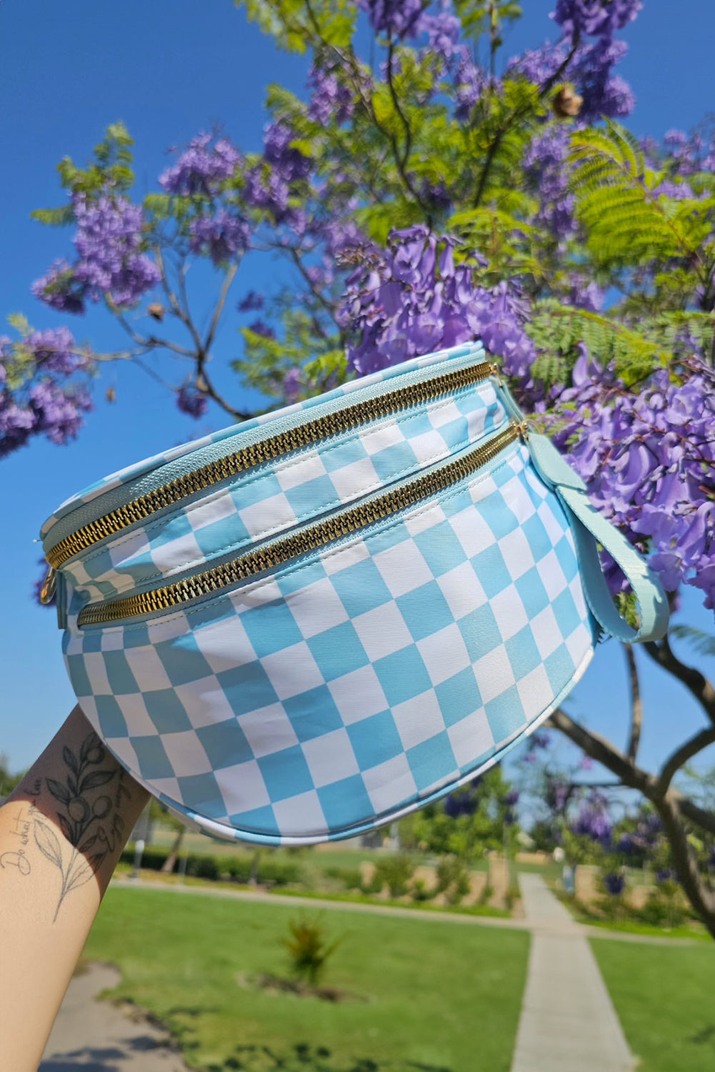 Mist Blue Checkered Print Large Crossbody Bag