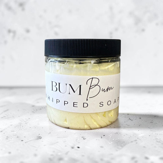 Doodlations Coffee Bar & Boutique 4 oz Bum Bum whipped soap in a clear jar with a black lid and white label.