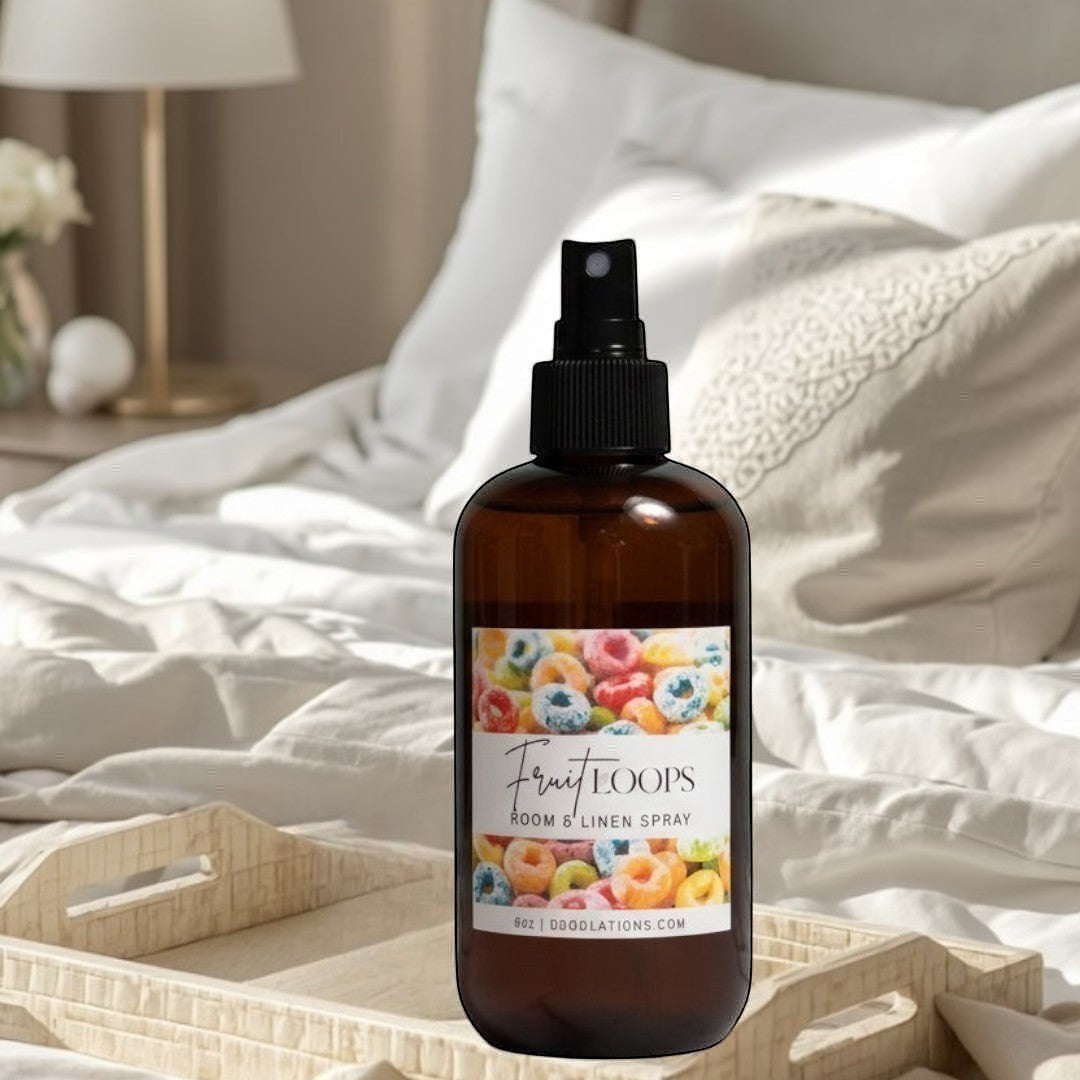 Fruit Loops room and linen spray in amber bottle with colorful cereal label.