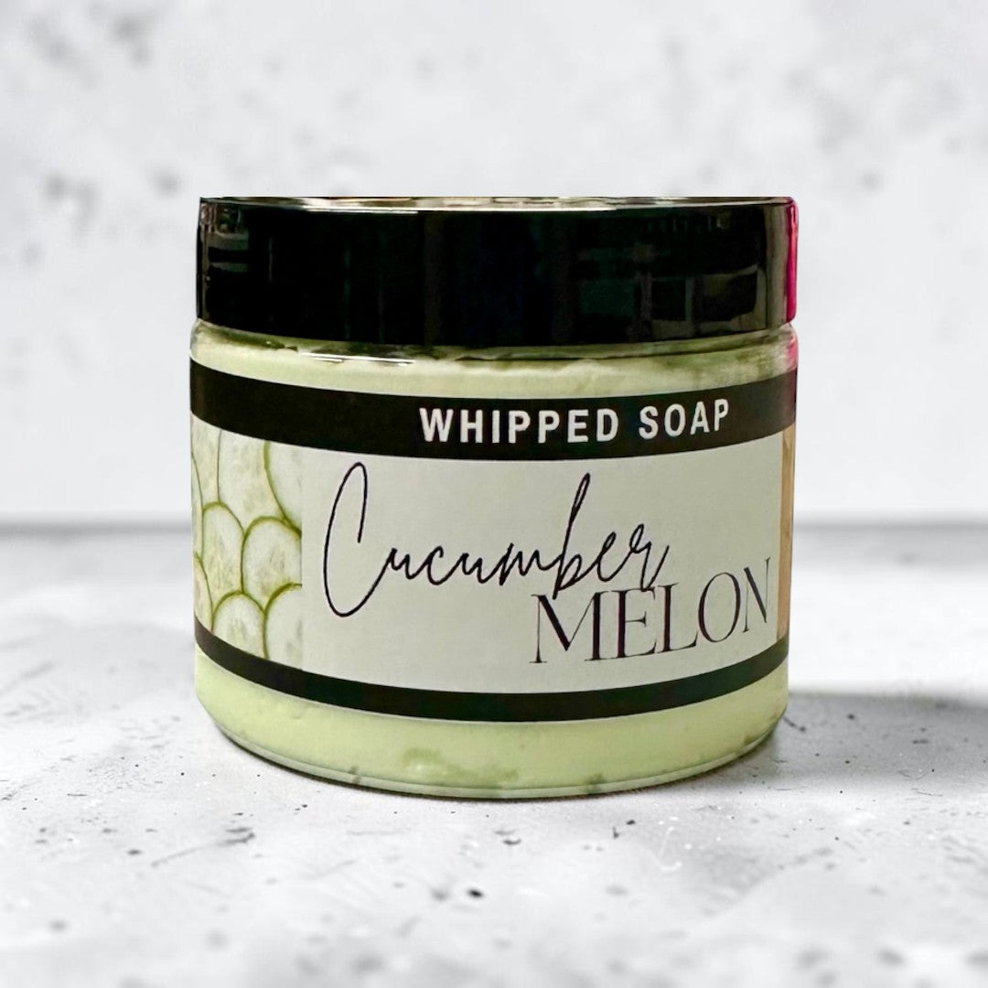 Doodlations Coffee Bar & Boutique Cucumber Melon whipped soap in a 4 oz jar with a black lid and fresh label design.