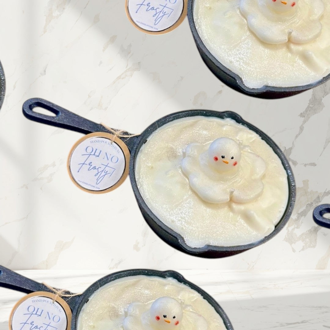 Melting Snowman Skillet candle, white wax with a melting snowman figure, holiday decor