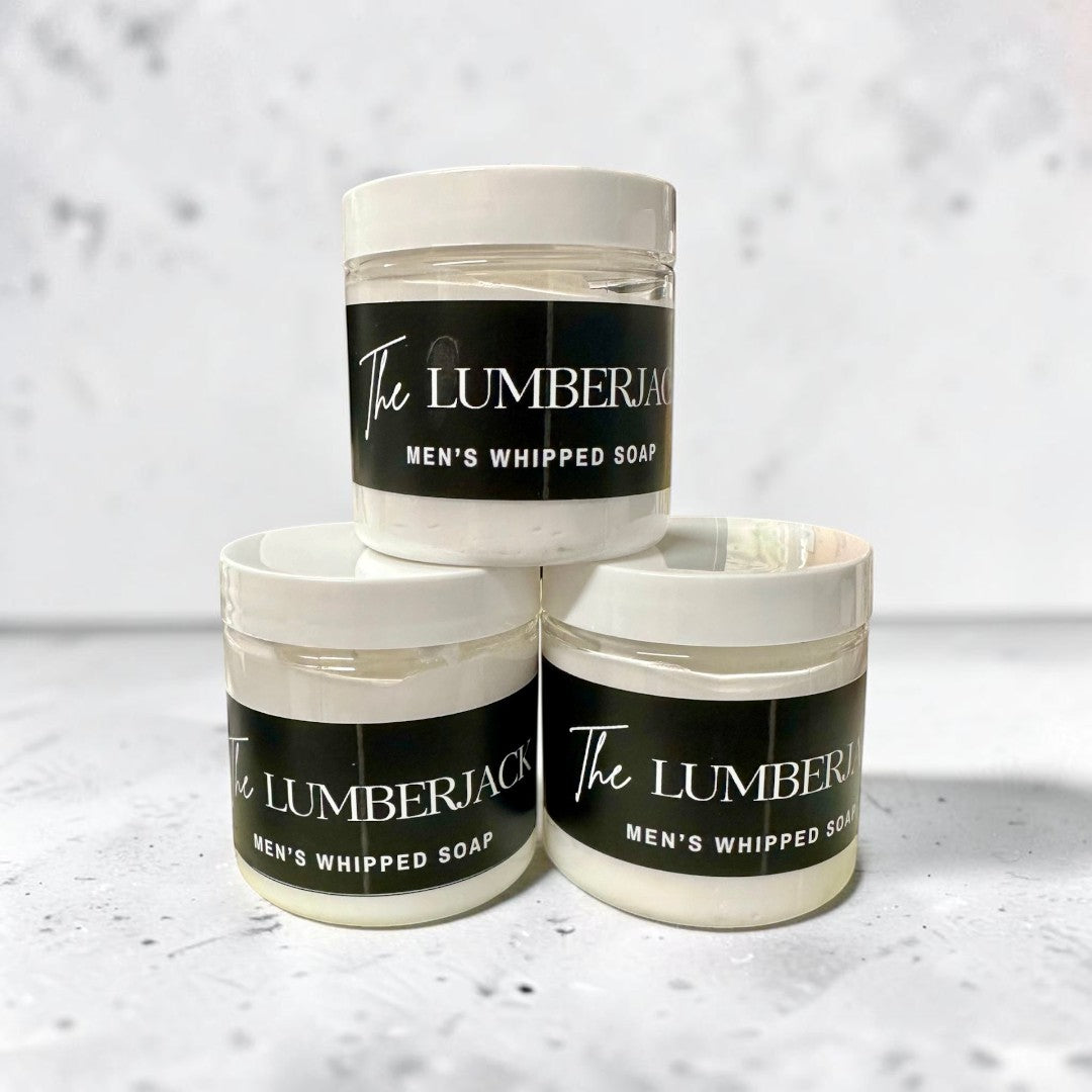 Doodlations Coffee Bar & Boutique The Lumberjack whipped soap in 4oz jars with cedar and sandalwood scent.
