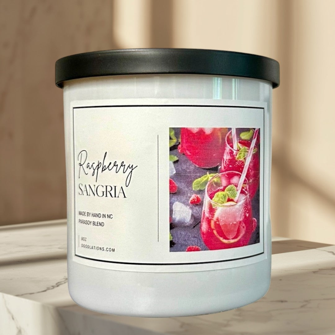 Raspberry Sangria luxury soy blend candle with a fruity sangria scent.