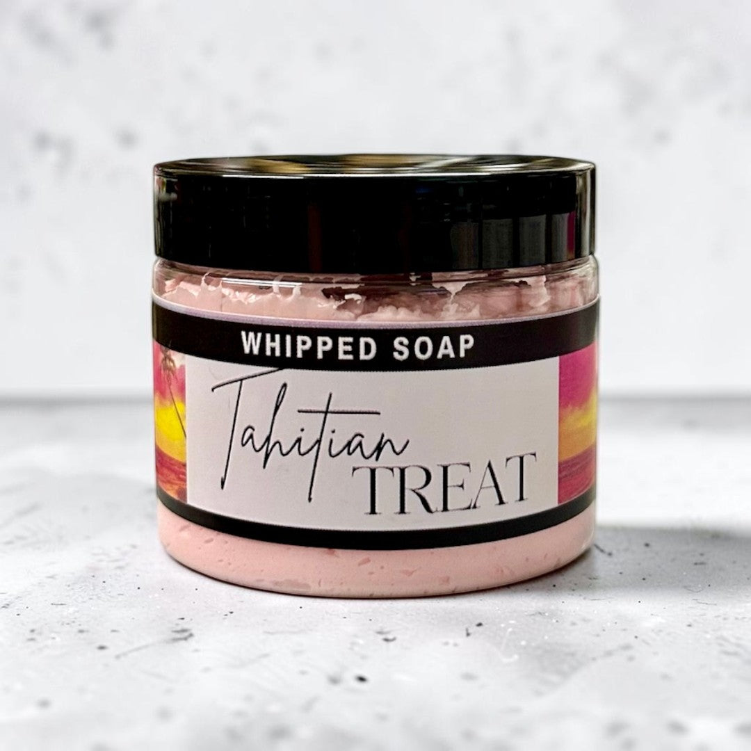 Doodlations Coffee Bar & Boutique Tahitian Treat whipped soap in a 4 oz jar with a tropical sunset label design.