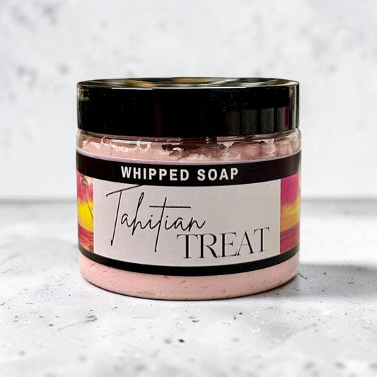 Doodlations Coffee Bar & Boutique Tahitian Treat whipped soap in a 4 oz jar with a tropical sunset label design.
