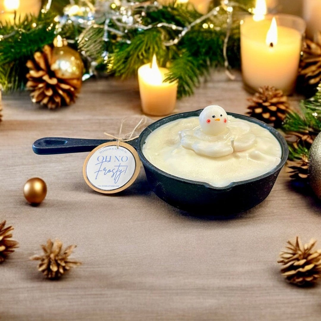 Melting Snowman Skillet candle, white wax with a melting snowman figure, holiday decor