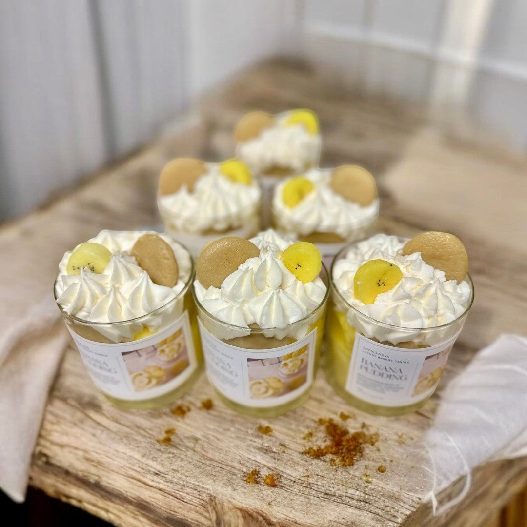 Banana Pudding luxury bakery candle with realistic wax vanilla wafers and whipped topping. 8oz.