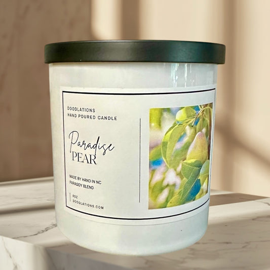 Paradise Pear hand-poured para-soy blend candle with tropical fruit and floral scent.