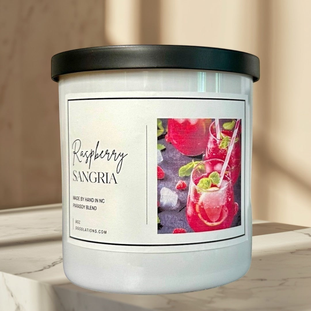 Raspberry Sangria luxury soy blend candle with a fruity sangria scent.