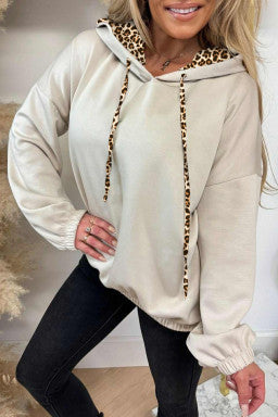 Cream & Leopard Contrast Drawstring Hoodie