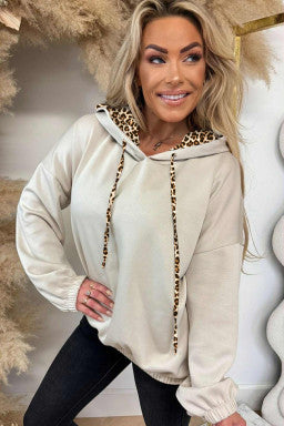 Cream & Leopard Contrast Drawstring Hoodie