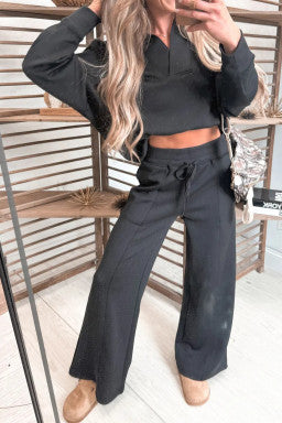 Black Collared V Neck Pullover Sweatshirt Sweatpants Set