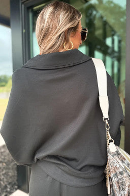 Black Collared V Neck Pullover Sweatshirt Sweatpants Set