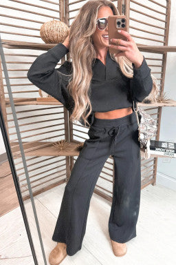 Black Collared V Neck Pullover Sweatshirt Sweatpants Set