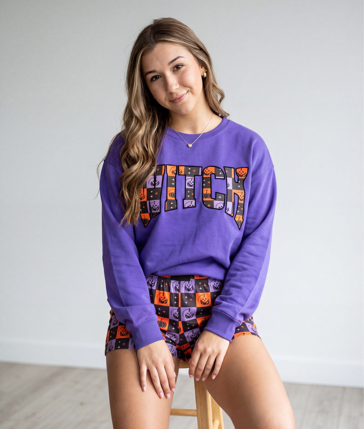 Witch Long Sleeve Top Checkered Shorts Set