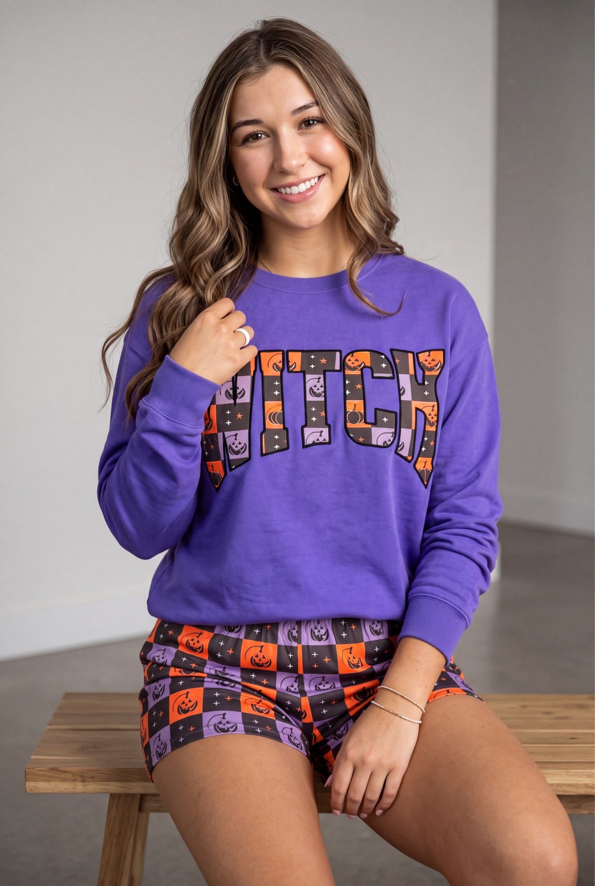 Witch Long Sleeve Top Checkered Shorts Set