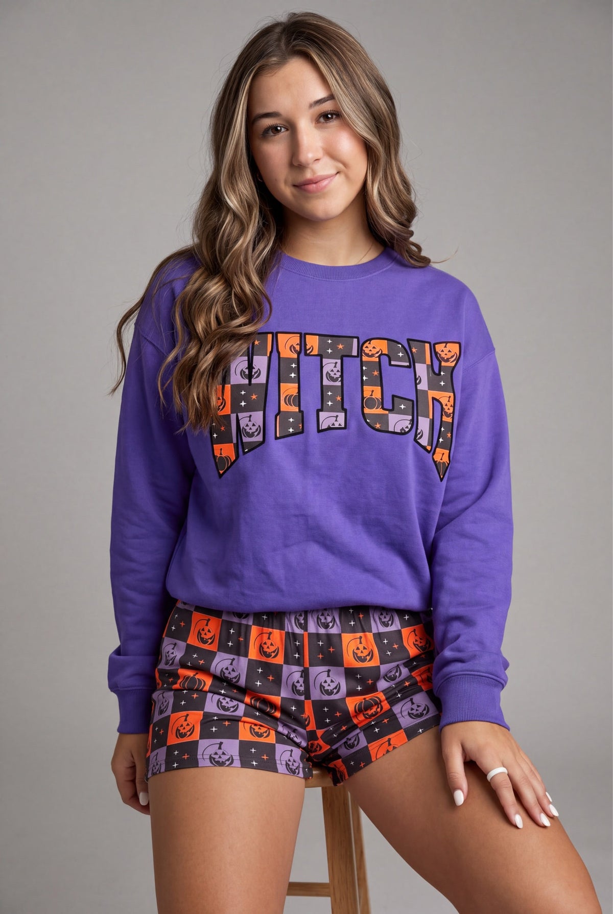Witch Long Sleeve Top Checkered Shorts Set