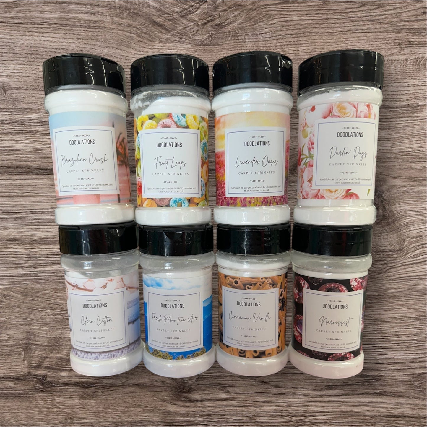 Doolations carpet sprinkles in various fragrances, such as Brazilian Crush, Fruit Loops, and Lavender Oasis