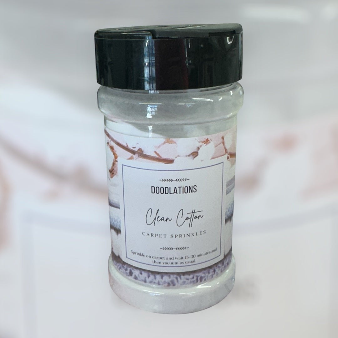 Doodlations Coffee Bar & Boutique carpet sprinkles in various fragrances like Brazilian Crush, Fruit Loops, and Lavender Oasis.