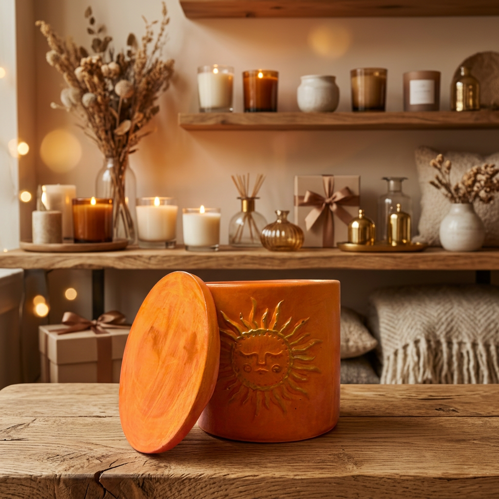 Doodlations Coffee Bar & Boutique concrete candle in Autumn Flannel orange with a gold sunburst design and lid