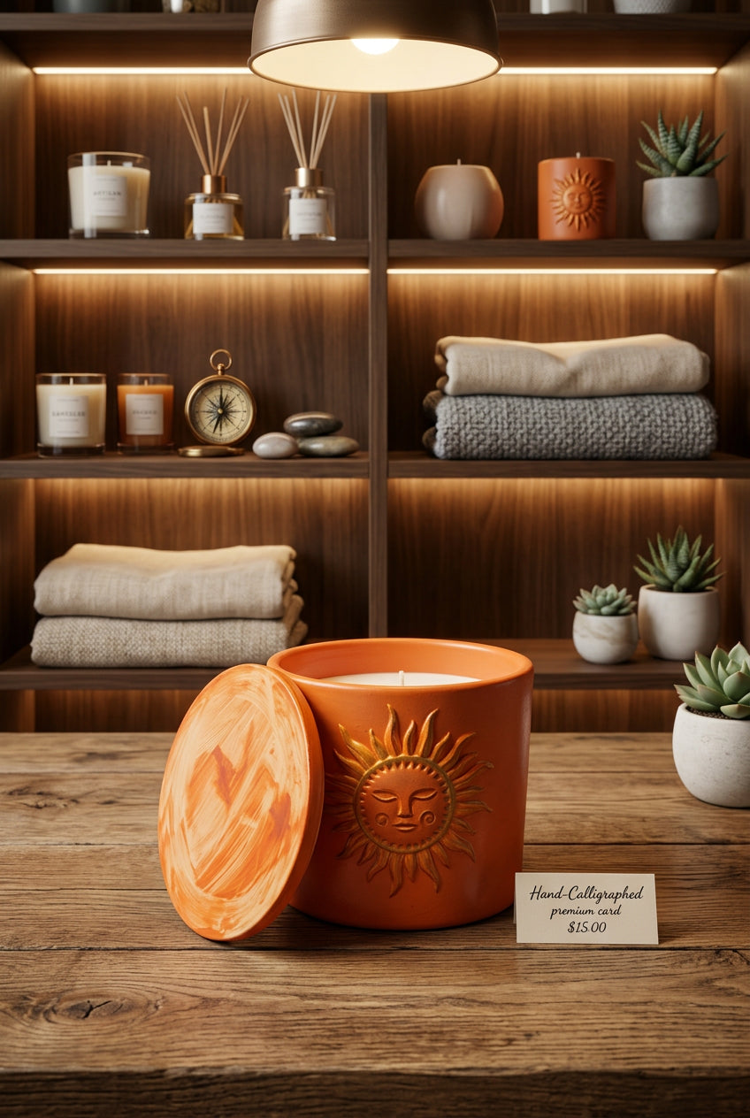Doodlations Coffee Bar & Boutique concrete sunburst candle in Autumn Flannel scent with a terracotta lid on a desk