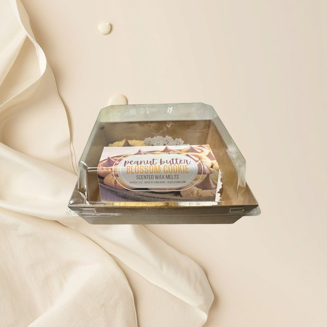 Peanut Butter Blossom Cookie scented wax melts in clear packaging.