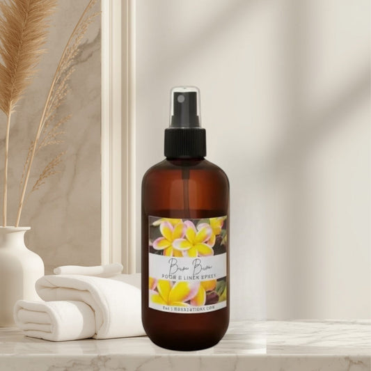 Bum Bum room and linen spray in amber bottle with floral label. Tropical scent.