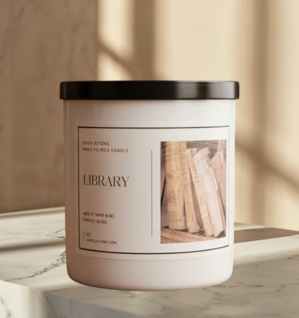 Library luxury boutique candle with a sophisticated woodsy scent, in a white jar with a black lid.