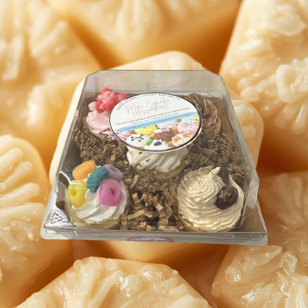 assorted mini cupcake wax melts in five scents: coffee bean, fruit loops, orange slice, maple pecan, and strawberry.