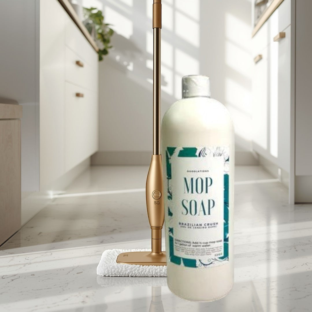 mop solution Brazilian Crush concentrated mop soap in a white bottle with a teal label.