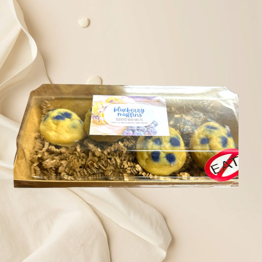 Doodlations Coffee Bar & Boutique Blueberry Muffin wax melts, yellow with blue speckles, bakery scent
