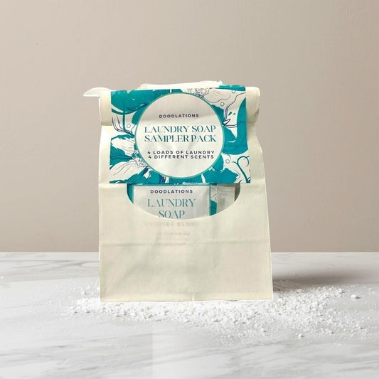 Doodlations Laundry Soap Sampler Pack with 4 different scents. Includes 4 loads of laundry.