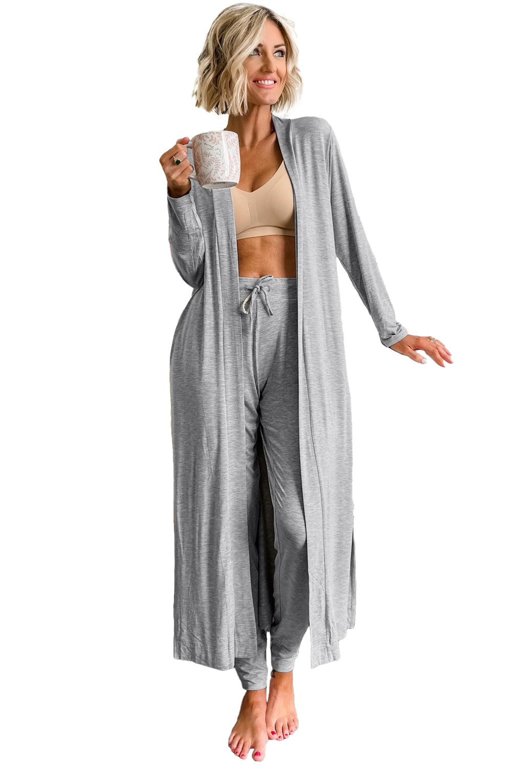 Grey Long Cardigan and Pants Loungewear Set